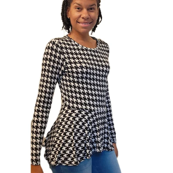 Michael Kors Peplum Black and White Houndstooth Longsleeve Women's Top - Picture 2 of 7
